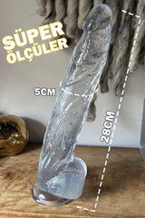Do it Love - 29cm Büyük Şeffaf Realistik Silikon Dildo - Testis ve Gerçekçi Damar Yapısı - Güçlü Vantuz - 5cm Kalınlık